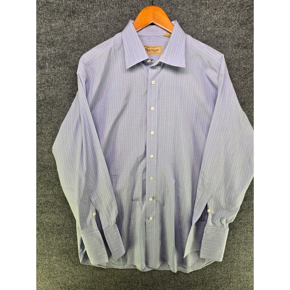 Paul Stuart Mens Blue Red Micro Check Cotton French Cuff Dress Shirt 17.5-33